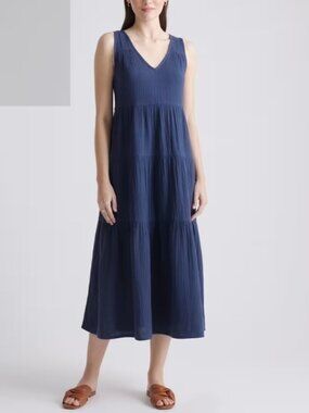 Quince 100% Organic Cotton Gauze Tiered Maxi Dress Indigo Blue M NWT